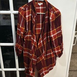 Plaid Open Front Cardigan - Burgundy and Orange